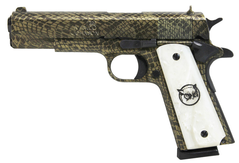 Iver Johnson Arms 1911A1WATERMOCCASIN 1911 A1 Water Moccasin 45 ACP 81 5 Black Steel Barrel Green Snakeskin Hydrographic Serrated Steel Slide  Frame wBeavertail White Synthetic Pearl Grip