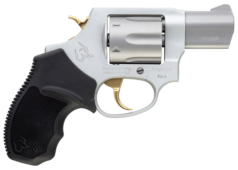 Taurus 2856029ULGLD 856 UltraLite 38 Special Caliber with 2 Barrel 6rd Capacity Cylinder Overall Matte Finish Stainless Steel Gold TriggerHammer Frame  Finger Grooved Black Rubber Grip