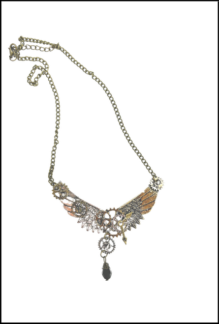 Steampunk Necklace with Wings and Gold Gears, Goth, Halloween, Fancy Dress Costume Accessory, Shop online or instore at Singapore Charlie Cairns Australia.