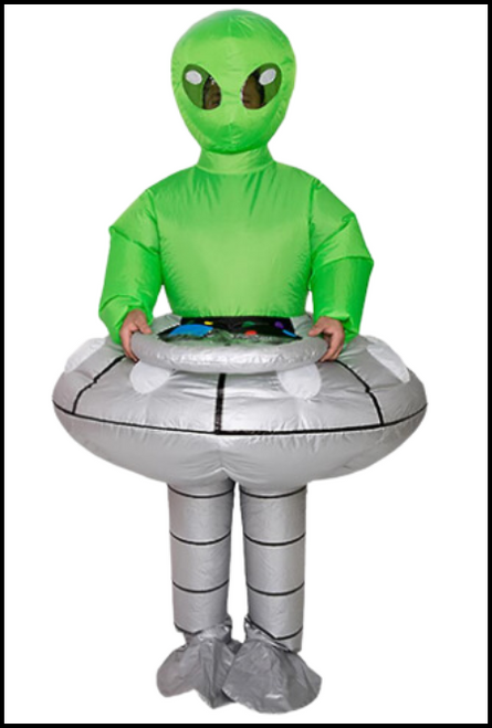 Inflatable UFO Space Alien Costume

Package include: 1 x Inflatable Clothes, 1 x Fan, 1 x Battery Box

Features
Self-inflates in seconds
Fan powered inflatable costume (fan unit included)
Material: Polyester
Adult One size fits most
Powered by 4 AA batteries (not included)

Shop online or instore at Singapore Charlie Cairns Australia.
Front