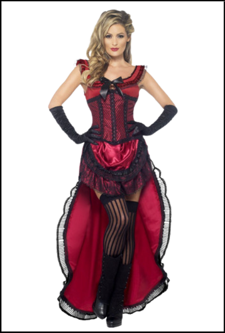 This divine adult women's Western Authentic Brothel Babe fancy dress costume comes complete in a gorgeous red and black dress with attached corset, pulling you in at all the right places, with lace detailing throughout! 
Shop online or instore at Singapore Charlie's Cairns Australia.