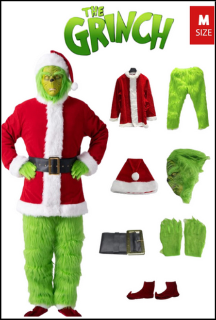 The Grinch Christmas Costume, Grinch in Santa Suit Costume. Mask with hat, jacket, pants, belt, gloves and shoe covers.