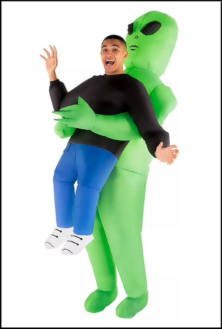Alien abduction, Inflatable Alien costume, comes with jumpsuit with battery operated fan pack which takes x4 AA batteries (batteries NOT included). One size fits most adults. Buy online or instore at Singapore Charlie's Cairns Australia.