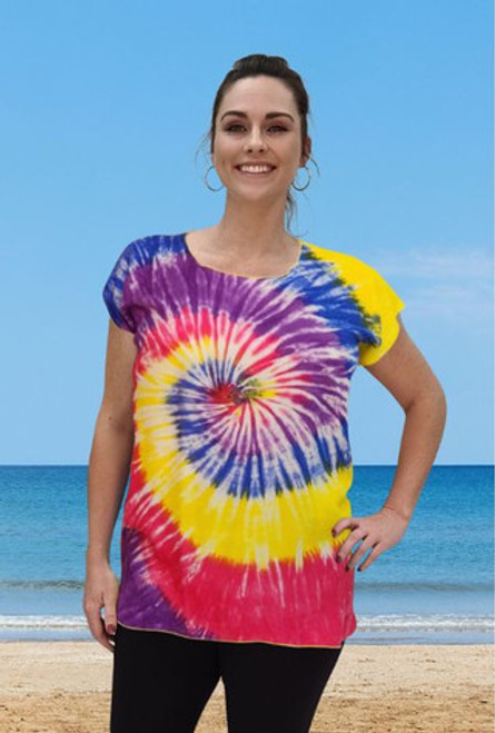 Gabby Women's Top Tie Dye Rainbow perfect for shows, carnivals, concerts, gigs, festivals, or raves. Shop online or instore at Singapore Charlie Cairns Australia.