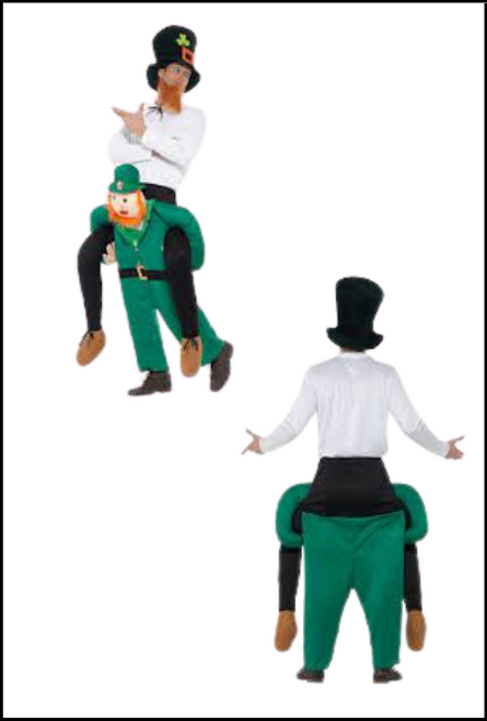 Piggyback ride on an Irish green leprechaun costume for St Patrick's day themed fancy dress costume party. Shop online or instore at Singapore Charlie's Cairns Australia.