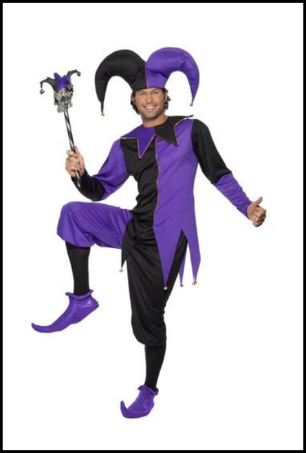 Medieval Jester costume top with attached neckpiece, trousers and hat. Shop online or instore at Singapore Charlie Cairns Australia.