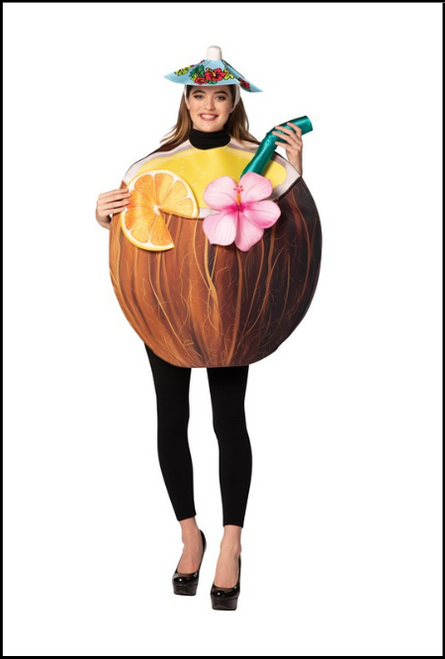 Spice up the party and rock up in this great coconut cocktail drink costume. Perfect for a laugh. Includes Headband and Tunic. One size fits most adults. Come in store to purchase at Singapore Charlie, Cairns, Australia or shop online to buy.