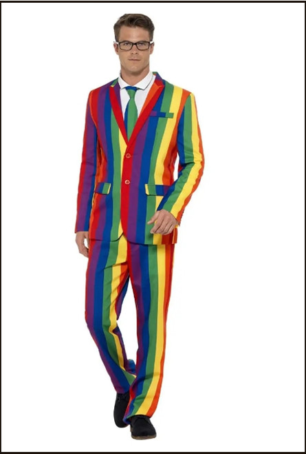 Rainbow suit , jacket and pants for Gay pride theme or Hippie Theme fancy dress party costume. Shop online or instore at Singapore Charlie's Cairns Australia.