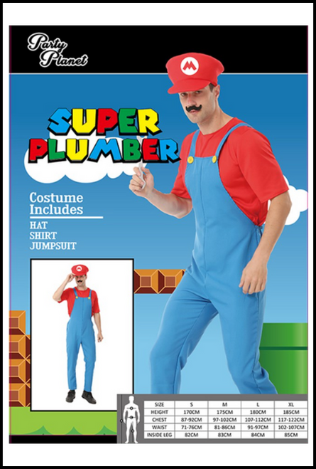 Adult Red Plumber Man Mario Bros Inspired Costume with M on the hat