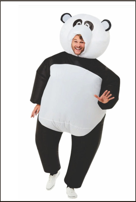 Inflatable Giant Panda costume for adults. For your fancy dress party costume. Includes battery operated fan pack which takes 4x AA batteries (batteries not included). One size fits most. Shop online or instore at Singapore Charlie's Cairns Australia. 
Front