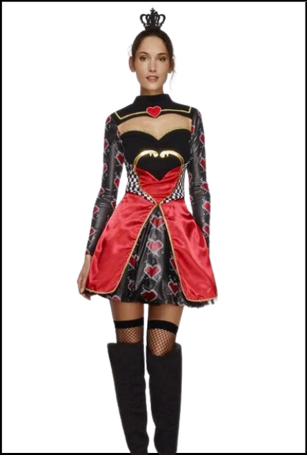 Off with their heads! Release you inner Queen of Hearts  with this costume. It's coloured Black mostly with hits of deep red. This costume comes with the dress, an attached underskirt & mini crown. Shop online or instore at Singapore Charlie's Cairns Australia.