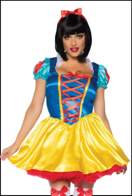 Transform into a beautiful Disney princess in this gorgeous Fairytale Snow White Womens Costume. This costume comes with a blue, red and yellow dress with a red lace up bodice, puff cap sleeves and a red bow headband. Shop online or instore at Singapore Charlie's Cairns Australia.