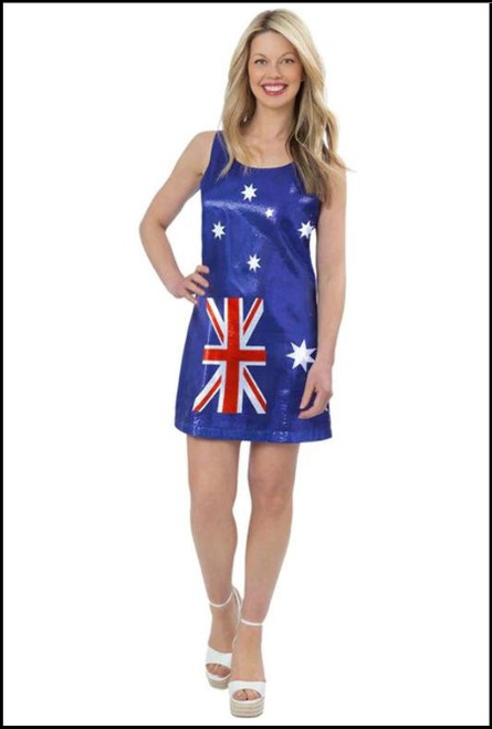 Australian flag sequin slip dress, Aussie Day Dress Up, Shop online or instore at Singapore Charlie Costumes Cairns Australia.