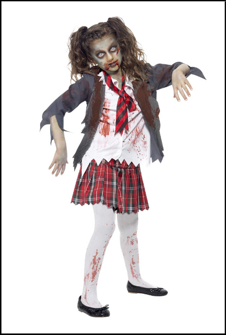 Children's Zombie School Girl Costume, Grey, with Skirt, Jacket, Mock Shirt & Tie for Halloween Dress Up