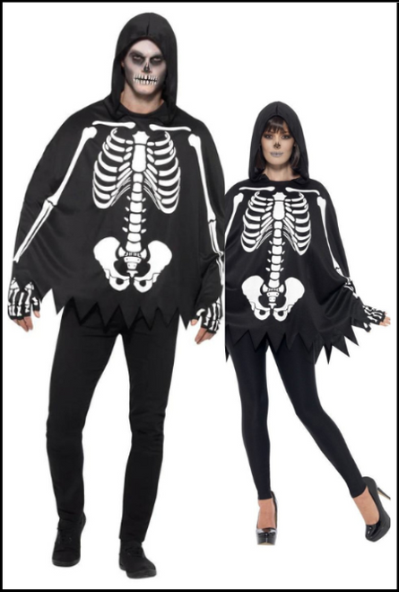 Adults Hooded Poncho & Gloves Unisex Skeleton Costume Kit, Halloween, Fancy Dress, Shop online or instore at Singapore Charlie Cairns Australia.