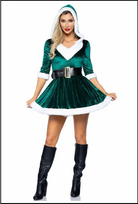 Mrs. Claus Green Christmas Dress & Belt for Fancy Dress Christmas Party