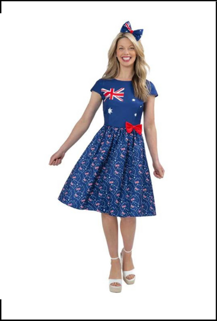 Fancy dress Ladies Australian Flag Costume Dress. Shop online or instore at Singapore Charlie's Cairns Australia.