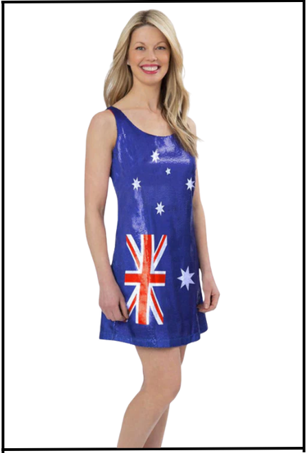 Fancy dress Ladies Australian Flag Costume Dress, Aussie Day, Shop online or instore at Singapore Charlie Cairns Australia.