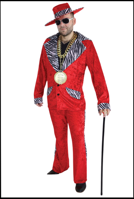 Red velour pimp suit costume, Gangster. 
 Shop instore or online at Singapore Charlie Cairns Australia.