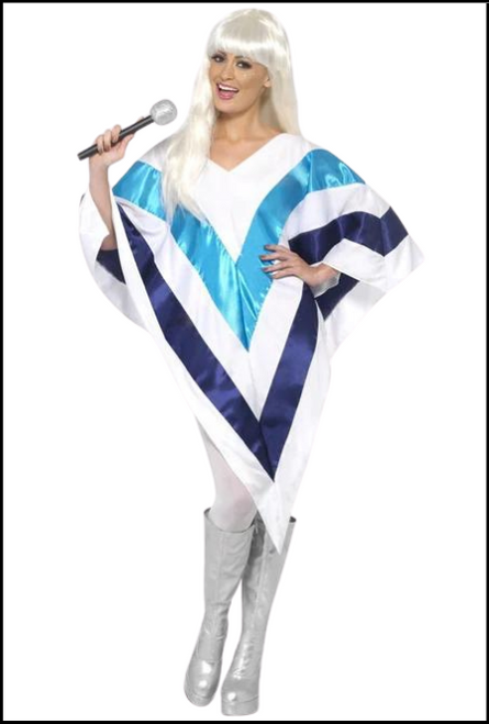 Become one of your favorite members of the classic 1970's band with our Super Trooper Poncho. This poncho comes as a white with light and dark blue ribbon detailing. Looking for a great costume for the Abba Festival in Trundle, then team up this poncho with a dancing queen wig for your 70's look. This costume is a one size fits most.  Wig, microphone, stockings and shoes are not included with this costume. Shop online or instore at Singapore Charlie's Cairns Australia.