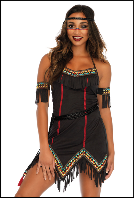 Ladies Tiger Lily Native American inspired costume with braid and fringing. Ties behind the neck. Includes: dress, arm cuffs, belt and headband. This costume is perfect for theme parties like: Western Historical parties or fancy dress events.