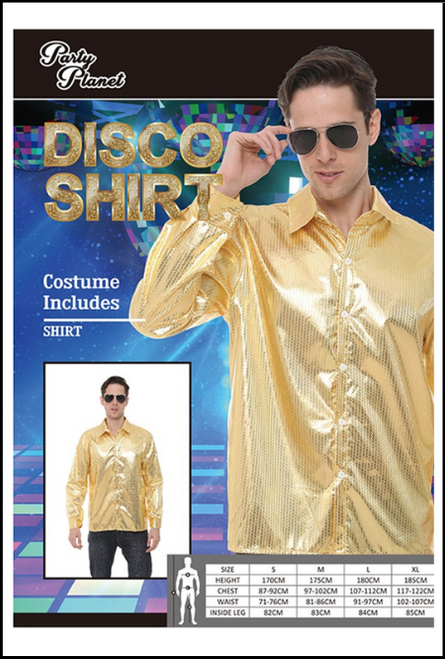 Gold Disco Shirt, Fancy Dress Party. 
Shop online or instore at Singapore Charlie Cairns.