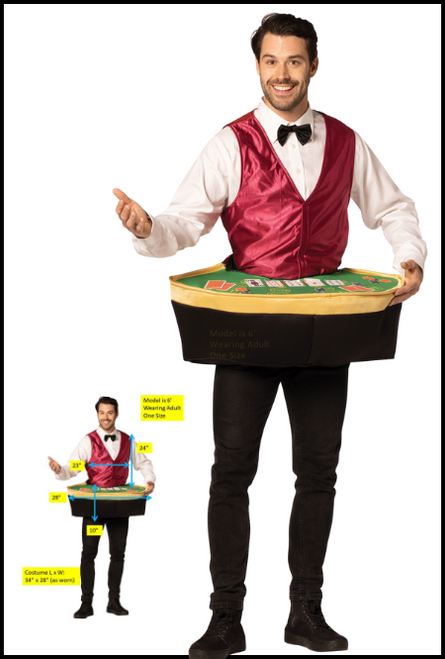 Here's the deal you can't fold or get your hands dirty when wearing this Poker Dealer Halloween Costume! It's the perfect costume for any Casino night, festival, party or event! This costume includes a polysatin vest with velcro closures, a 3D foam poker table with waist ties which is printed on the top only and a bow tie. The foam poker table can be stuffed for additional support. This costume is a one size fits most. The white dress shirt is not included in this costume. This costume is a one size and fits most adults.  Shop online or instore at Singapore Charlie Cairns Australia.