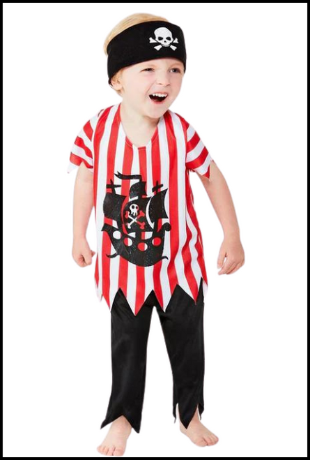 Attention all scallywags... I have me map that leads to the shenanigans! You're toddler will be leading everyone around your next themed party or event in this fancy dress costume. This outfit includes the top trousers and bandana. Shop online or instore at Singapore Charlie Cairns Australia.