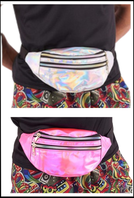 80s Silver and Pink Holographic Iridescent Bum Bag, 80's, Costume accessory, retro, vibrant, fancy dress, 
Shop online or instore at Singapore Charlie Cairns Australia.