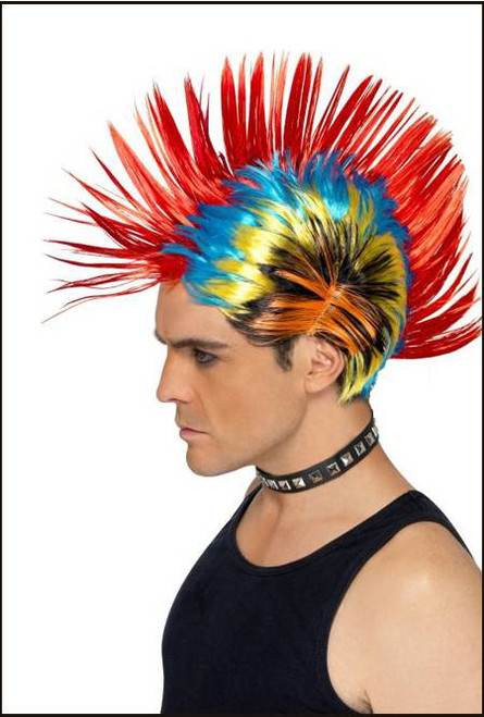 Stand out from the crowd at your party and celebrations in this vibrant Rave Punk Mohawk Rainbow Wig. This raving wig comes in the style of a high mohawk in bright colours of Red, Orange, Blue, Yellow. Great for festivals, carnivals, shows, concerts, gigs, events, raves. Shop online or instore at Singapore Charlie's Cairns Australia.