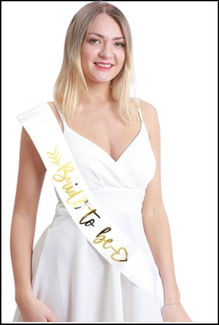 Bride to be Sach, soft pearl background with gold writing. 
Shop instore or online at Singapore Charlie Cairns Australia