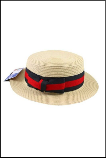 Straw Boater Hat with Red and Black Band Fancy Dress