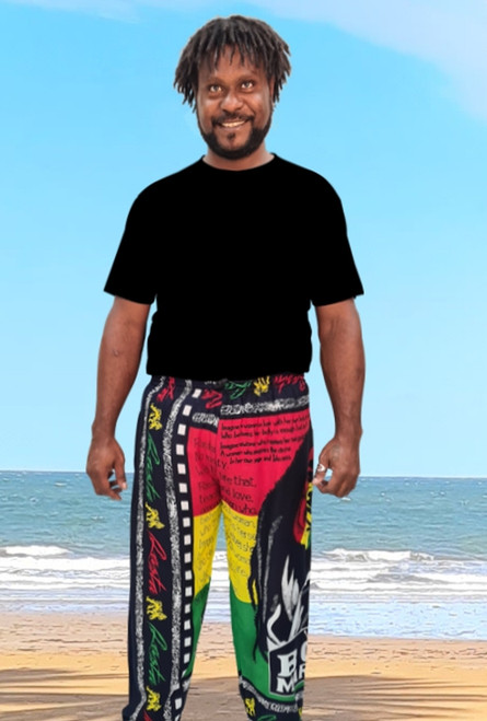 Print #A Freedom Pants Elastic Waist Baggy, Jamaican Rasta, Groovy Rasta Wig, Hippie, Reggae, Bob Marley Costume, Jamaica, Shop online or instore at Singapore Charlie Cairns Australia.