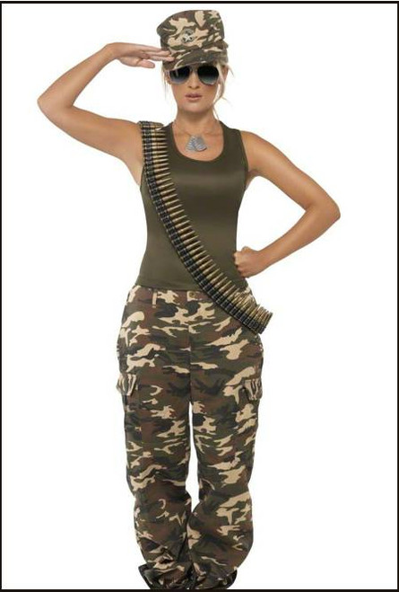 Whether it's combat on land, sea and air this military woman looks ready for action. Not one to be singled out from the boys she does not need a dress, she needs practical attire. Our khaki camo deluxe costume is perfect to transform yourself into this serious military woman.

Khaki Singlet
Cam Trousers

Shop online or instore at Singapore Charlie's Cairns Australia.
