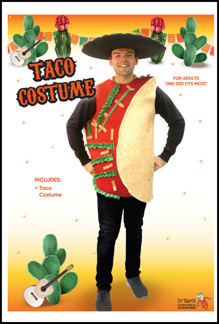 Hard shell, or soft, one thing is for certain: Taco Tuesdays will never be the same. The Taco costume includes a taco tunic with all the "fixins"! Shreds of lettuce and cheese are wrapped in a tortilla - guaranteed to be the hit at any fiesta! Shop online or instore at Singapore Charlie's Cairns Australia.