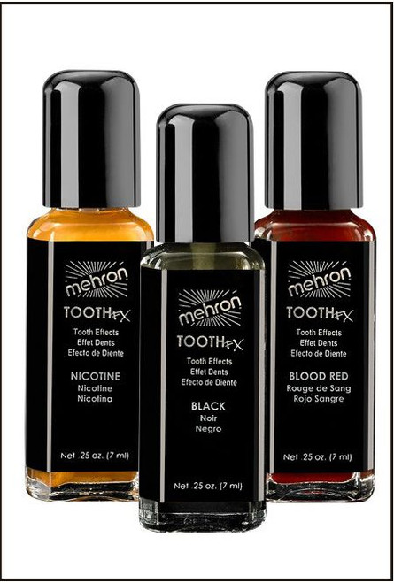 If your makeup FX requires tooth Simply apply the black Liquid over a tooth and the tooth dissapears. Great for Accessory for witches, tramps, clowns, warlocks, old hags, etc.

Tooth Black Out
Tooth Red out
Tooth Yellow Out

Shop online or instore at Singapore Charlie Cairns Australia.
Assorted