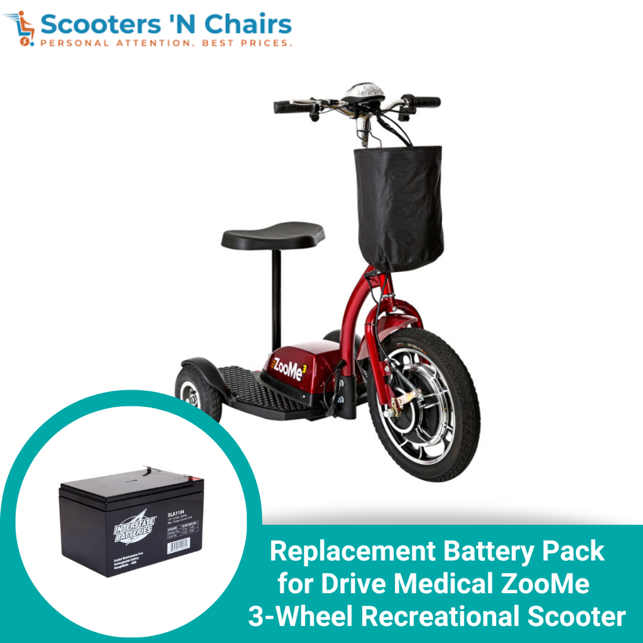 Drive Medical ZooMe 3-Wheel Recreational Scooter Battery Replacement Pack  of 3 - Interstate Batteries 36V 12AH