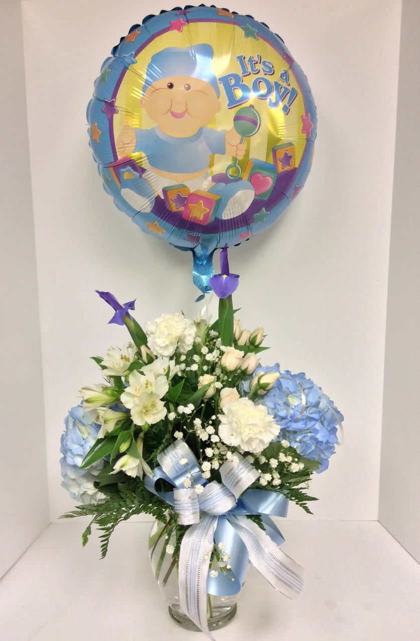 new baby boy flowers and balloon