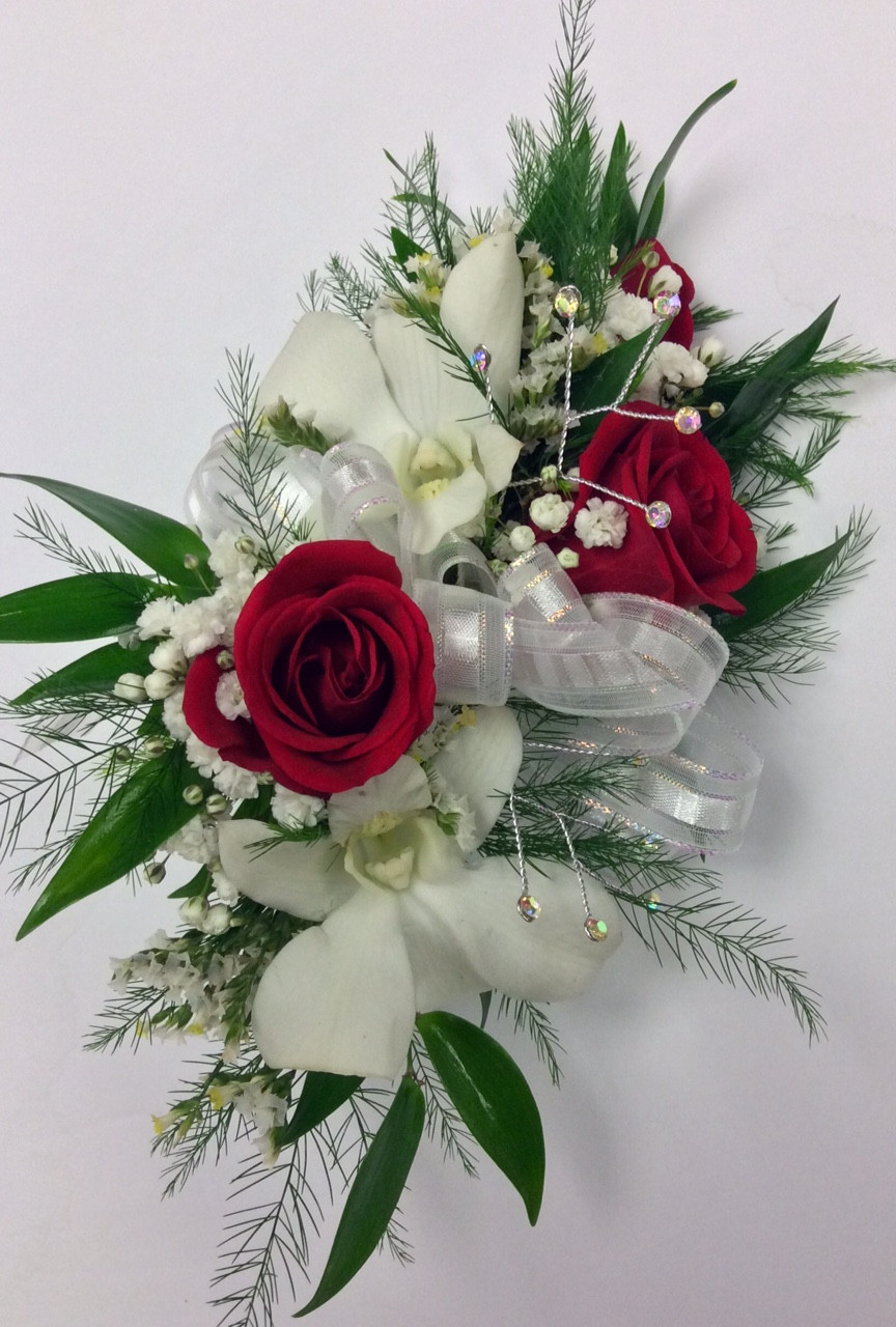 057 Red and White Roses Bouquet decorated with Dendrobium Orchids