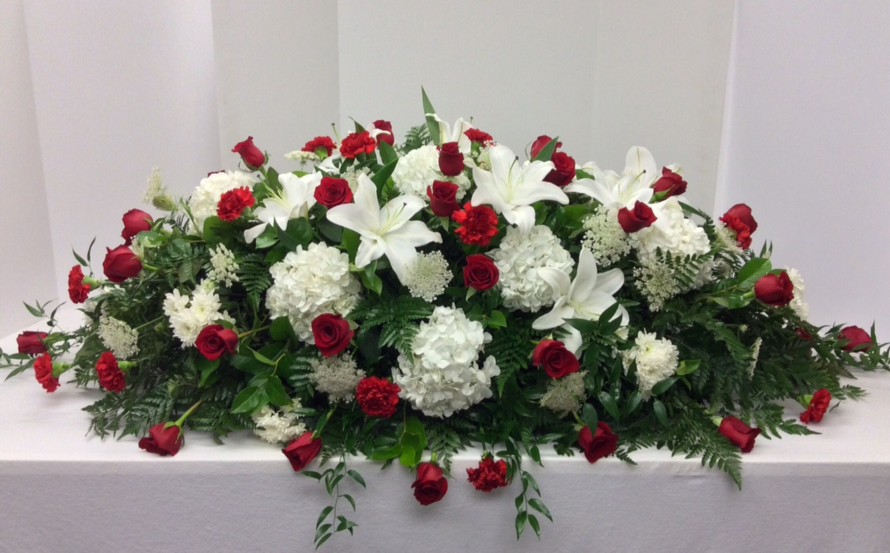 Stunning Red And White Garden Full Couch Casket Spray