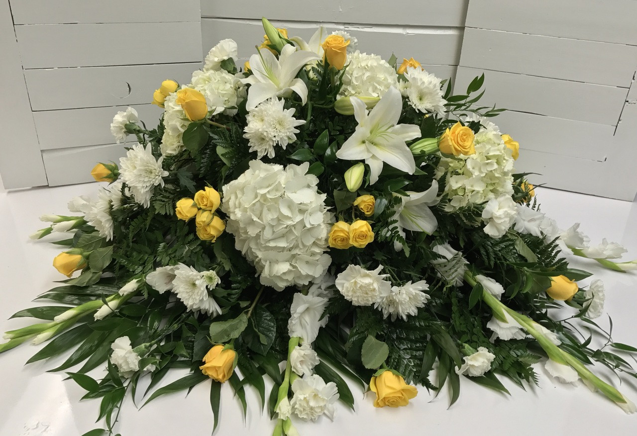 Yellow And White Garden Half Couch Casket Spray Centerville Florists
