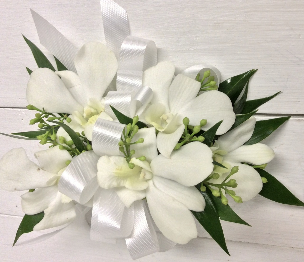 White Orchids And White Satin Wrist Corsage Centerville Florists