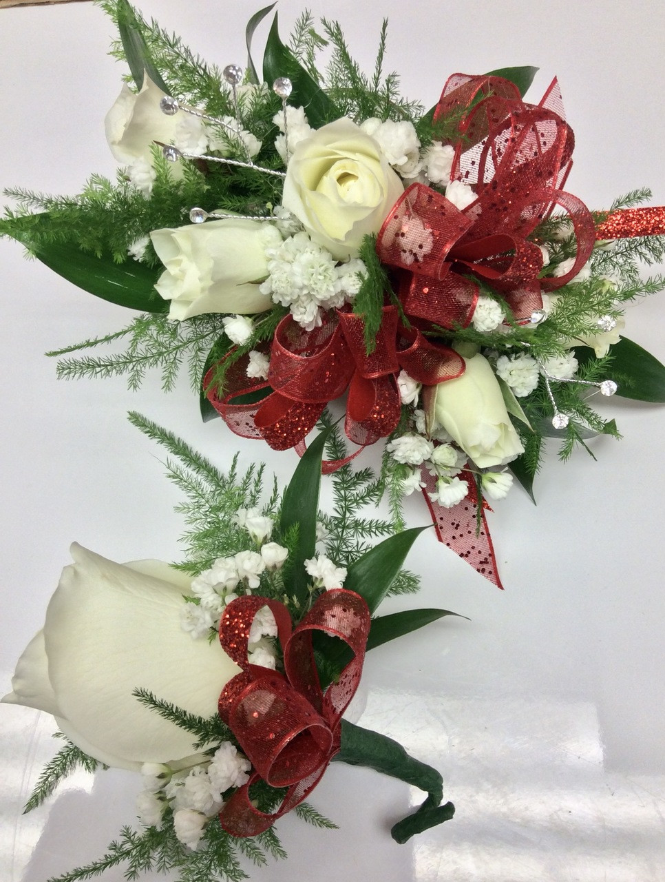 Red and White Dazzle and Bling Wrist Corsage and Boutonnière Combo