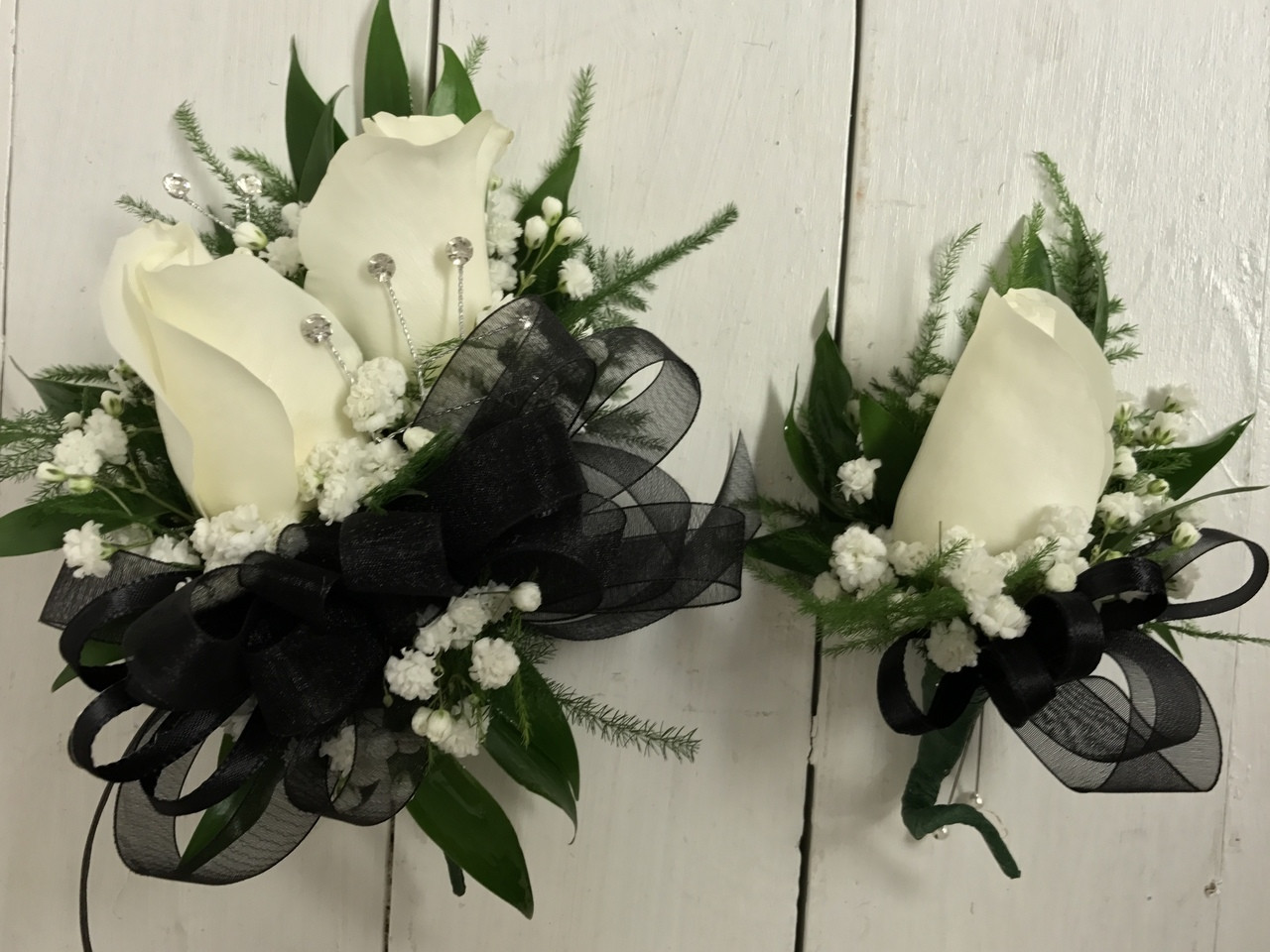 black and white corsage