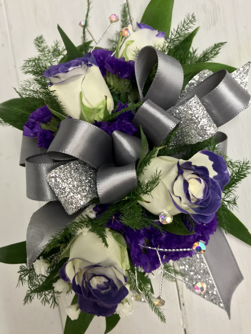 Deep Purple Tipped Sweetheart and Statice Wrist Corsage