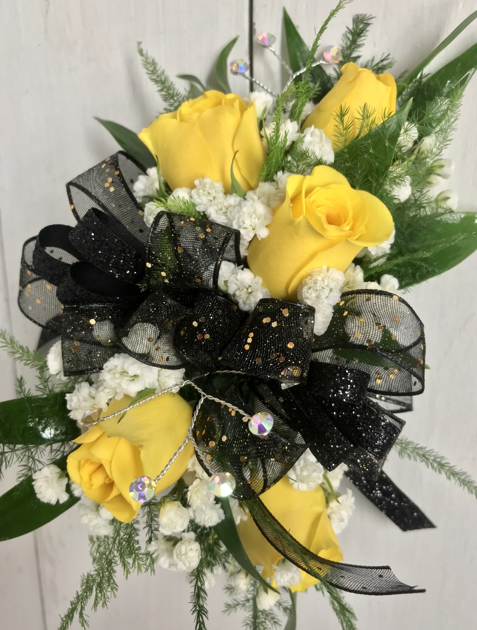Golden Yellow and Black Sparkle Corsage Golden Yellow and Black Sparkle Corsage