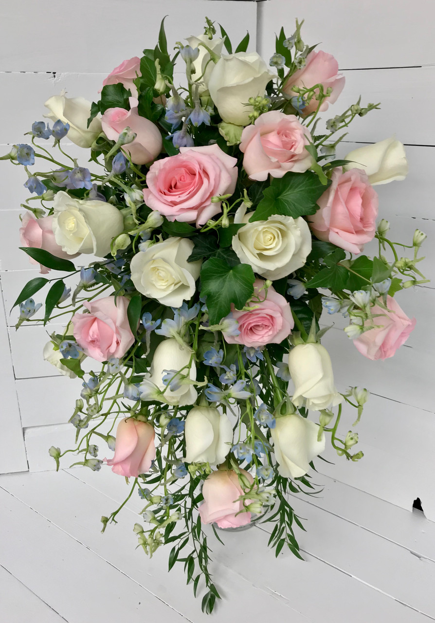 24 Rose Cascading Bridal Bouquet with Delphinium - Centerville Florists