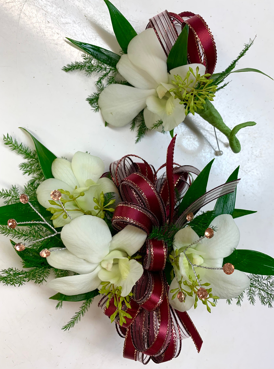 3 Bloom Dendrobium Orchid Wrist Corsage and Boutonniere Combo