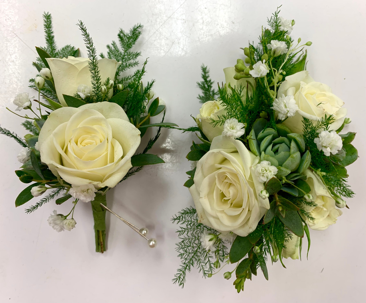 Blue, Silver and White Wrist Corsage and Boutionnere Combo