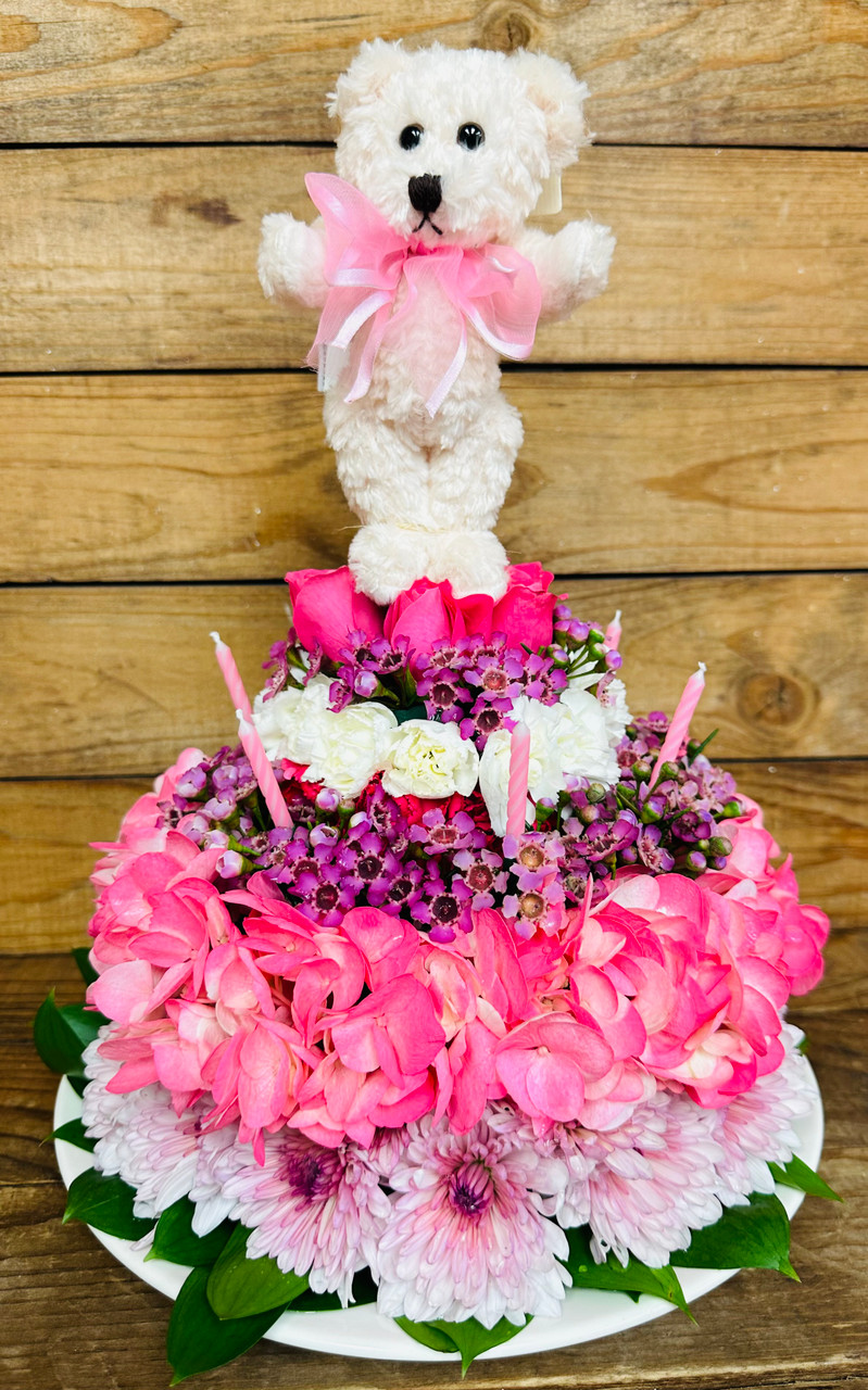 ☆人気☆【A PIECE OF CAKE】☆Flower Bear Terry bucket ha.t☆ A Beary Special Birthday Flower Cake - Centerville Florists